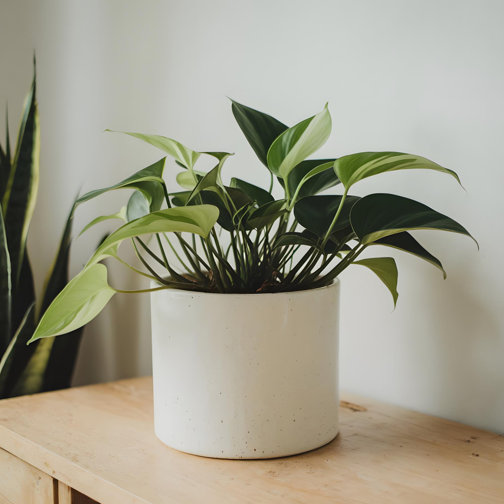 pot posé sur une table avec une plante verte dedans avec plusieurs tiges
